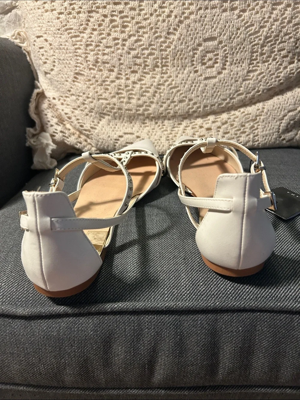 Zara White Studded Pointed Toe T-Strap Flats - Picture 3 of 5